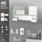 Artistbooths Frosted Ivory White 48-panel modular booth assembled, with example display layouts