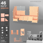 Artistbooths Frosted Apricot 48-panel modular booth assembled, with example display layouts