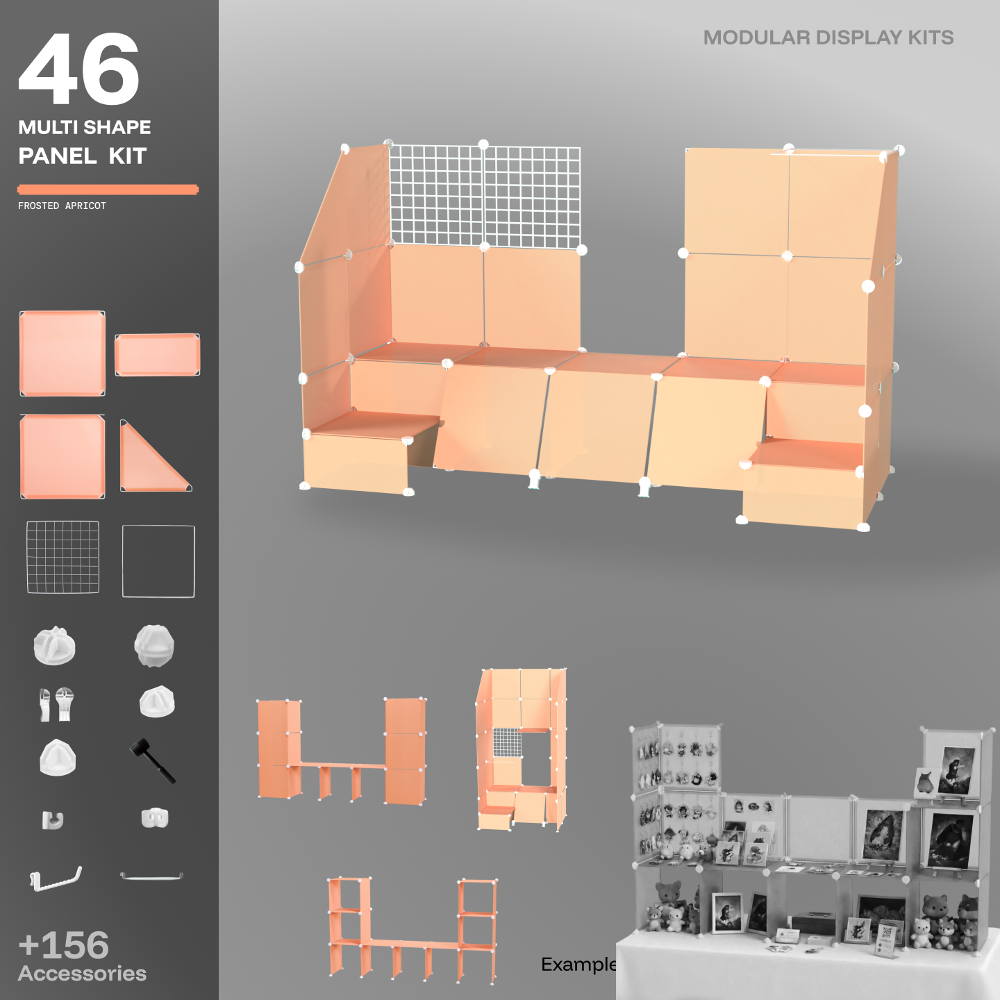 Artistbooths Frosted Apricot 48-panel modular booth assembled, with example display layouts