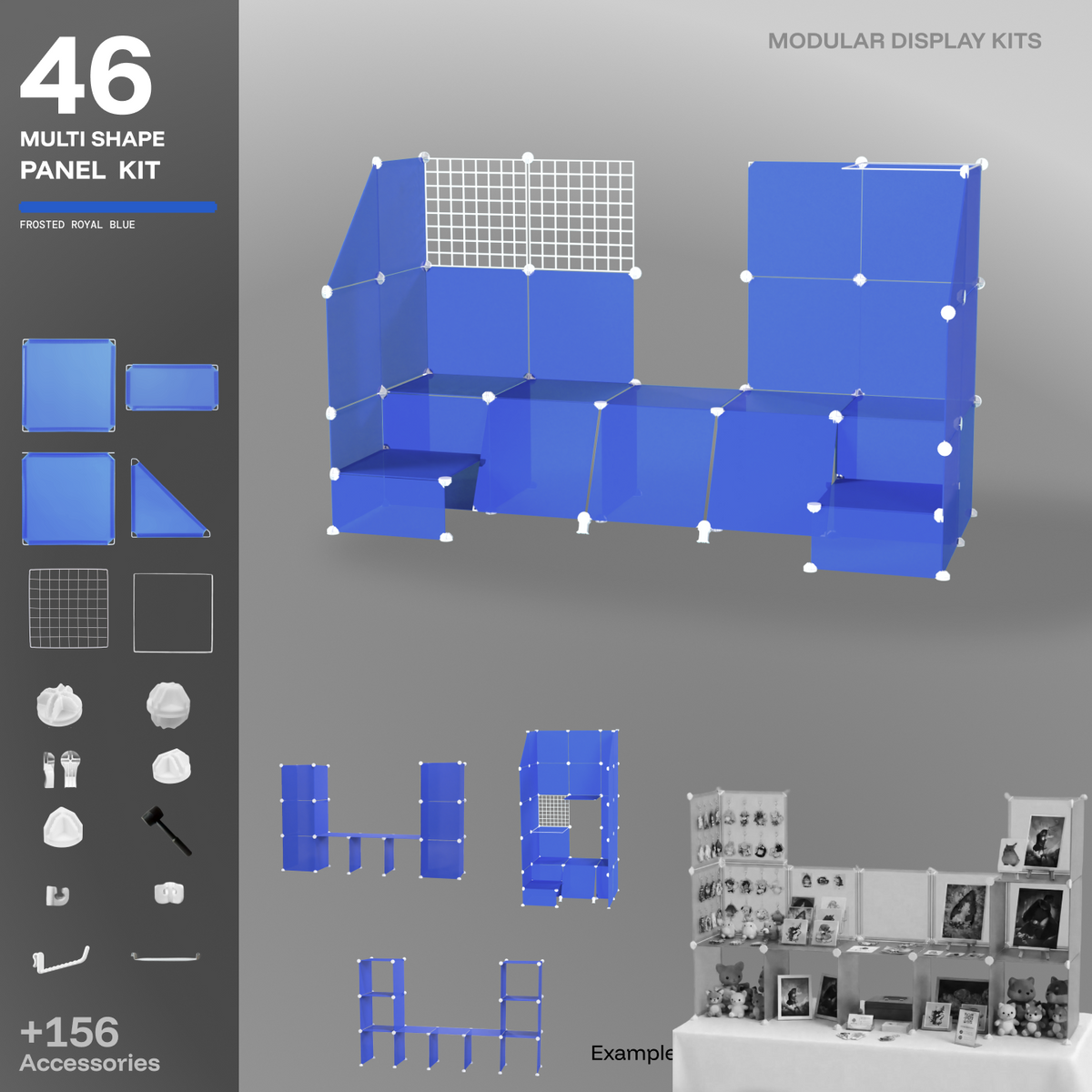 Artistbooths Frosted Cobalt Blue 48-panel modular booth assembled, with example display layouts