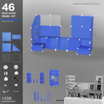 Artistbooths Frosted Cobalt Blue 48-panel modular booth assembled, with example display layouts