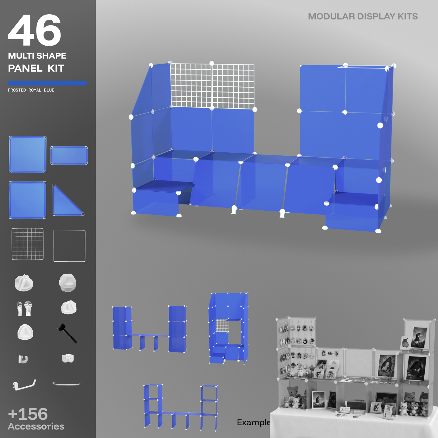 Artistbooths Frosted Cobalt Blue 48-panel modular booth assembled, with example display layouts