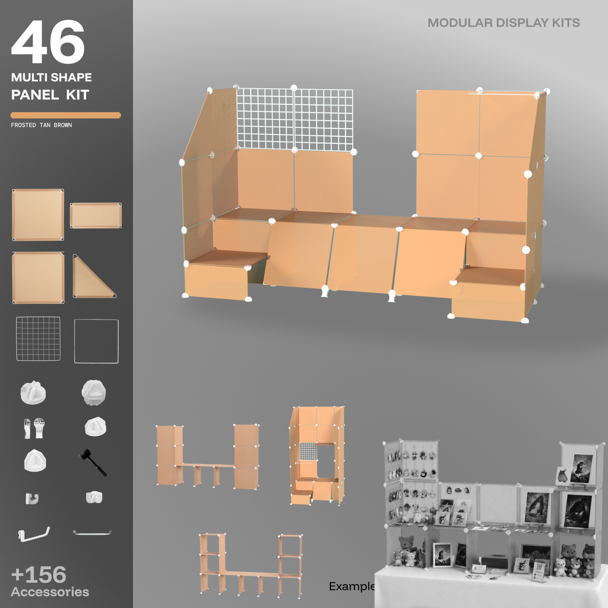 Artistbooths Frosted Tan Brown 48-panel modular booth assembled, with example display layouts