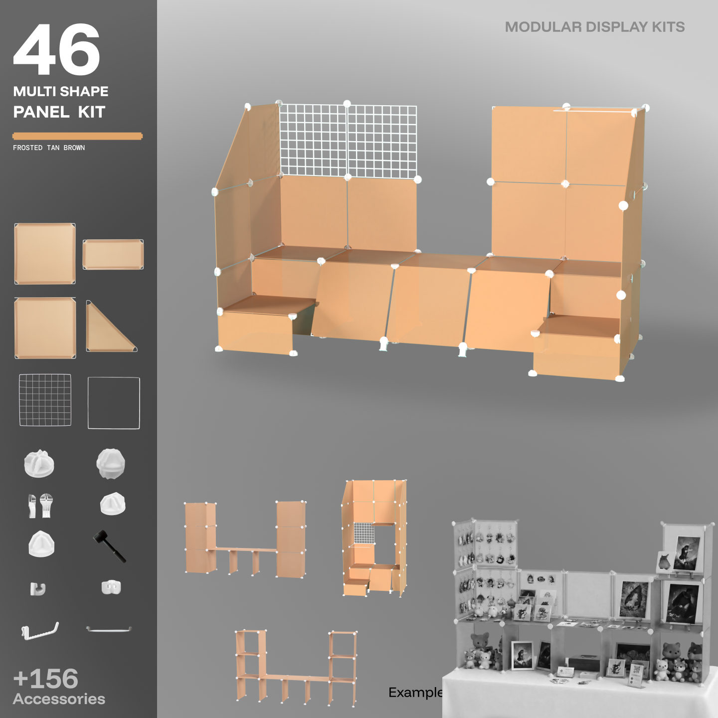 Artistbooths Frosted Tan Brown 48-panel modular booth assembled, with example display layouts