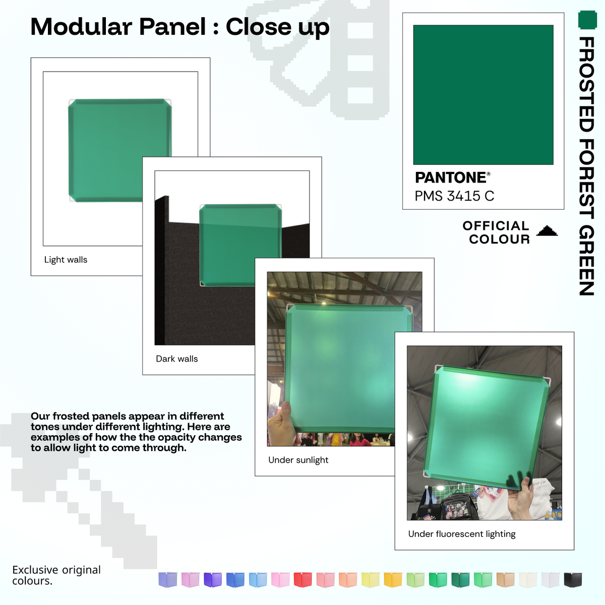 Artistbooths Frosted Forest Green panel close-ups showing frosted opacity under different lighting (Pantone 3415 C)