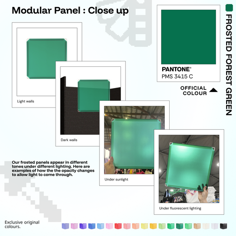Artistbooths Frosted Forest Green panel close-ups showing frosted opacity under different lighting (Pantone 3415 C)