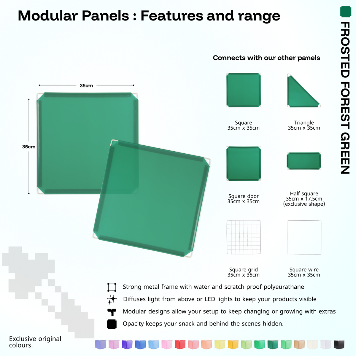 Artistbooths Frosted Forest Green panel shape range chart with square, triangle, half-square, door, grid and wire panels (35cm)