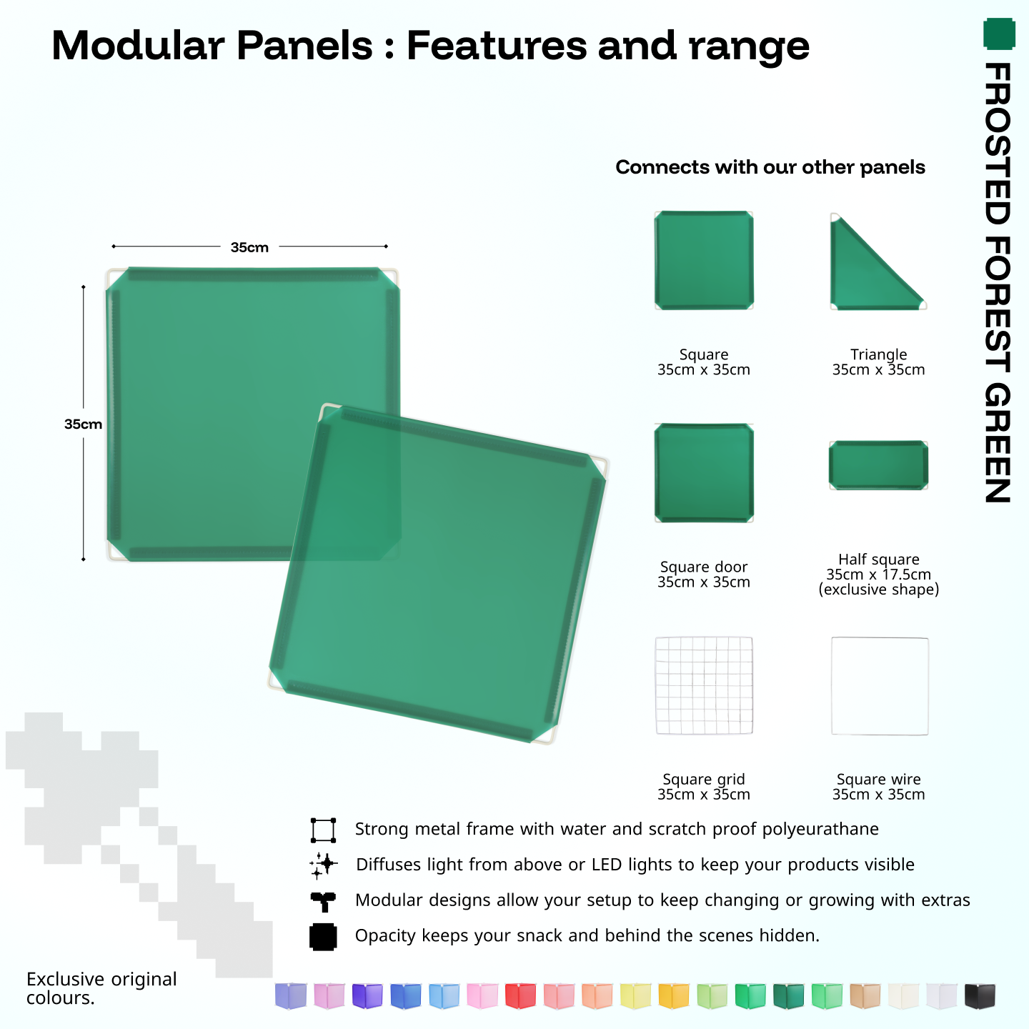 Artistbooths Frosted Forest Green panel shape range chart with square, triangle, half-square, door, grid and wire panels (35cm)