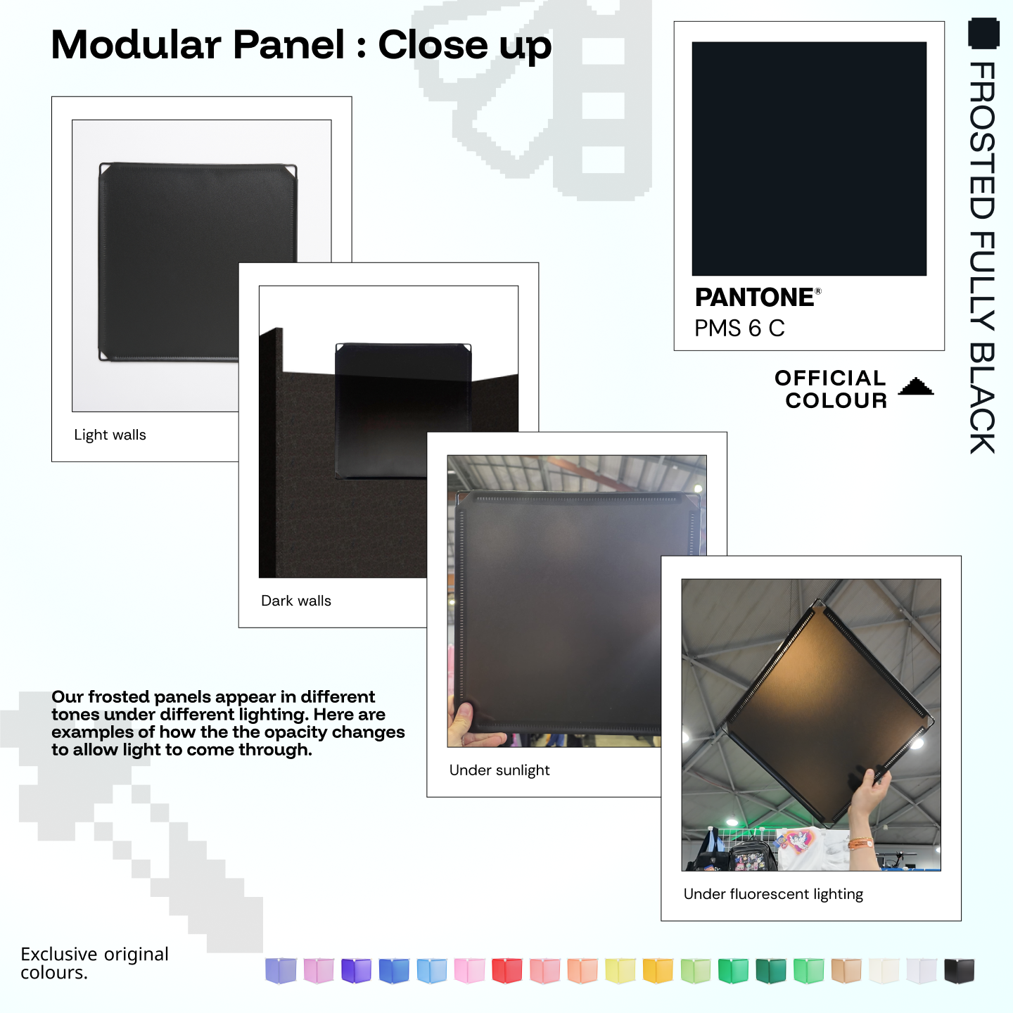 Artistbooths Frosted Fully Black panel close-ups showing frosted opacity under different lighting conditions