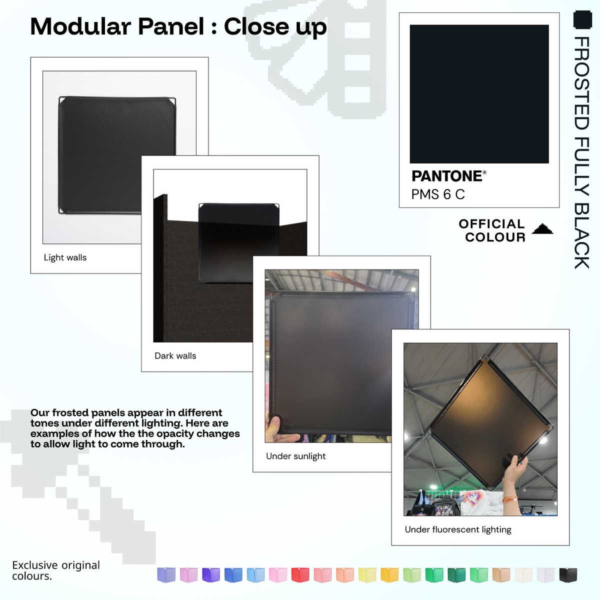 Artistbooths Frosted Fully Black panel close-ups showing frosted opacity under different lighting (PMS 6 C)
