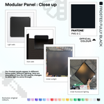 Artistbooths Frosted Fully Black panel close-ups showing frosted opacity under different lighting (PMS 6 C)