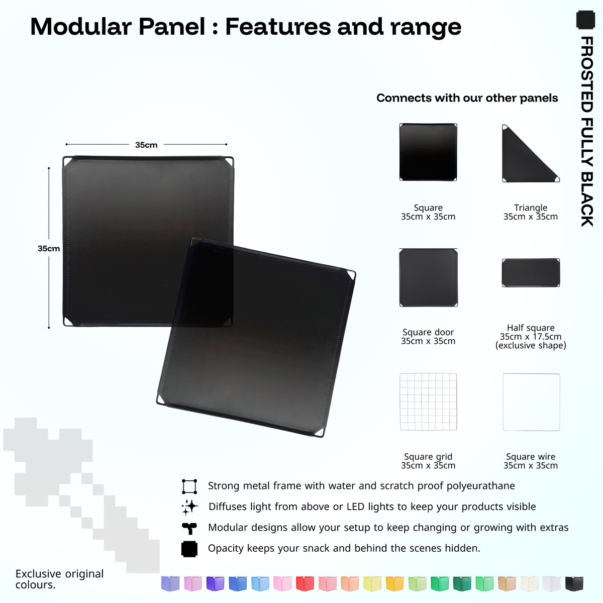 Artistbooths Frosted Fully Black panel shape range chart with square, triangle, half-square, door, grid and wire panels (35cm)