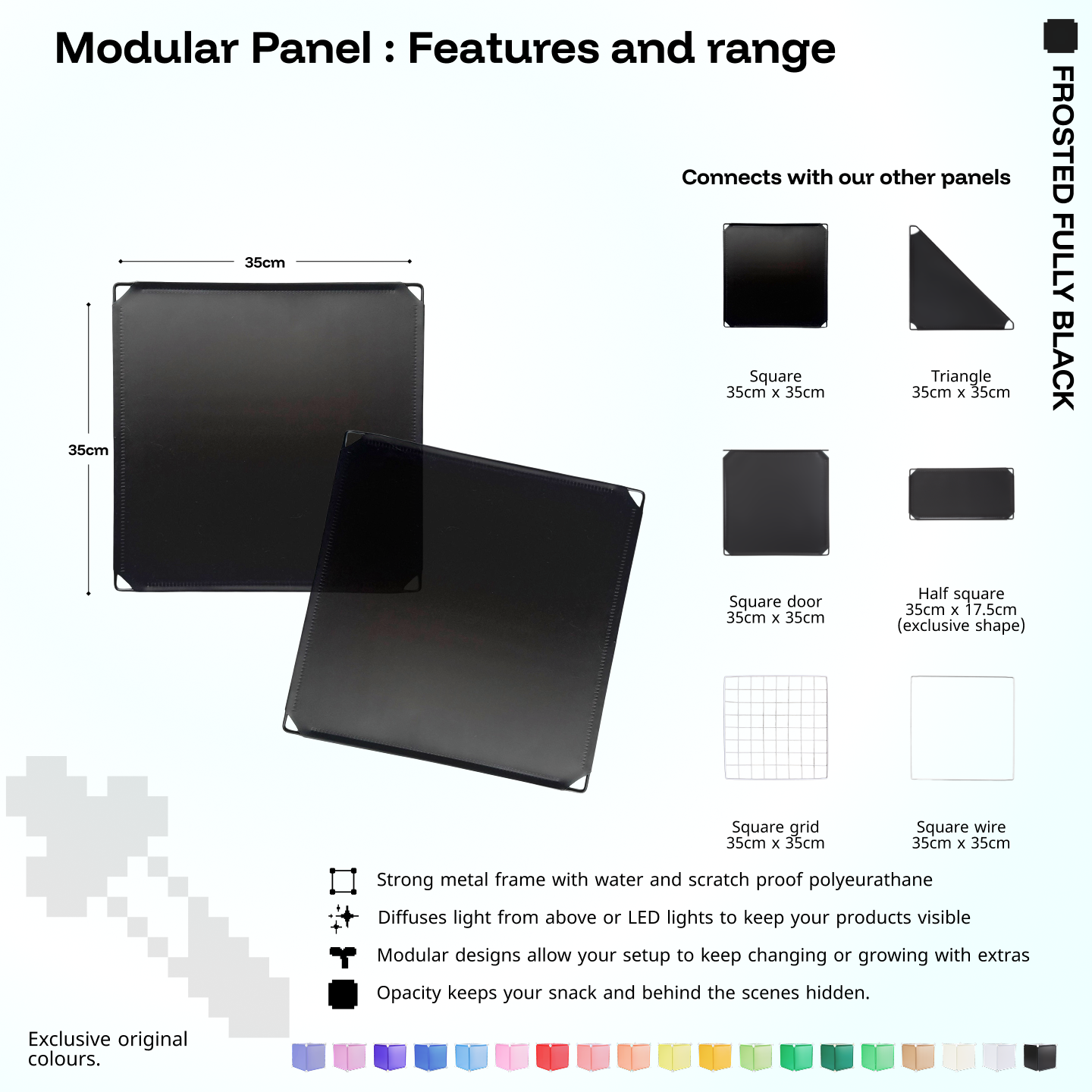 Artistbooths Frosted Fully Black panel shape range chart with square, triangle, half-square, door, grid and wire panels (35cm)