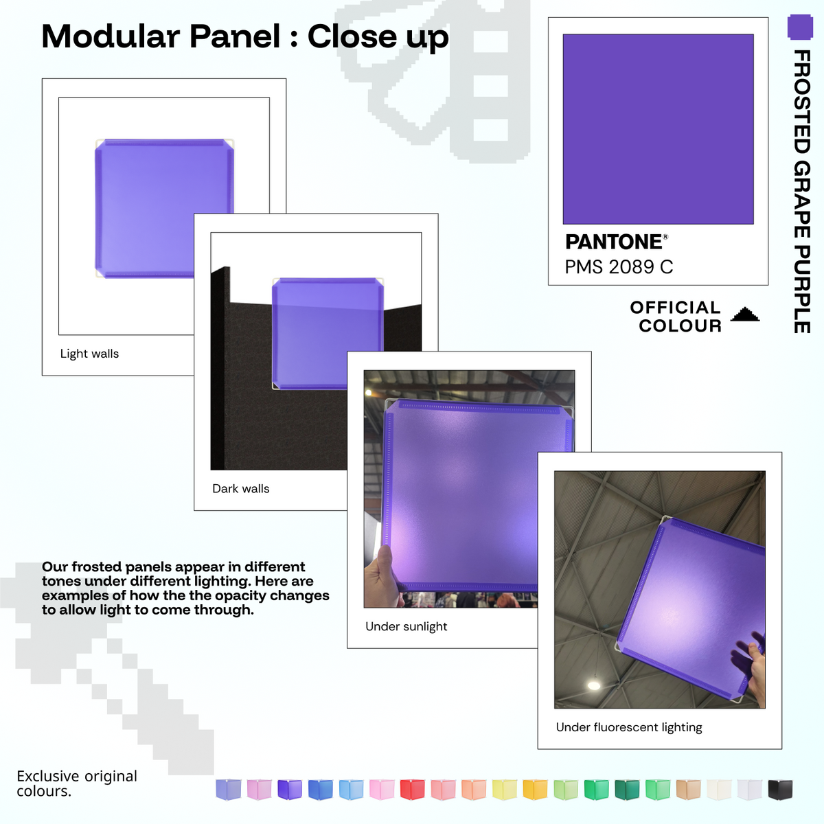 Artistbooths Frosted Grape Purple panel close-ups showing frosted opacity under different lighting (Pantone 2089 C)