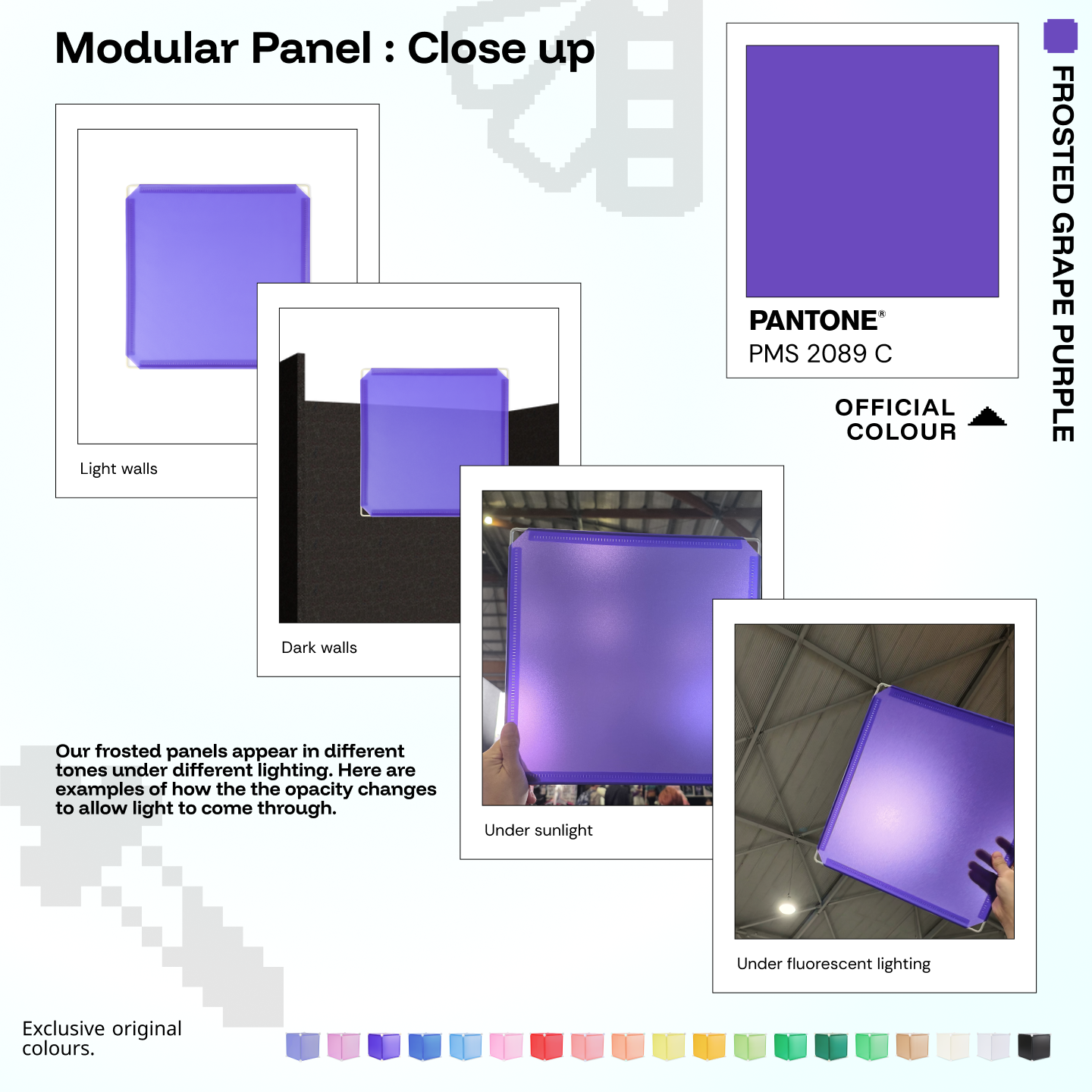 Artistbooths Frosted Grape Purple panel close-ups showing frosted opacity under different lighting (Pantone 2089 C)