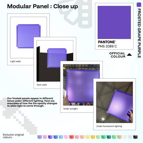 Artistbooths Frosted Grape Purple panel close-ups showing frosted opacity under different lighting (Pantone 2089 C)