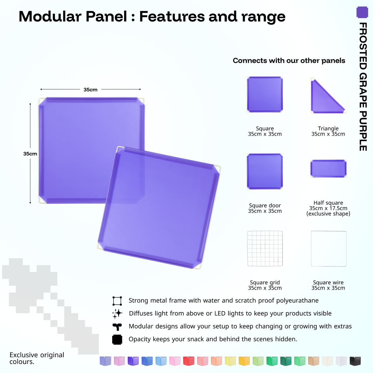 Artistbooths Frosted Grape Purple panel shape range chart with square, triangle, half-square, door, grid and wire panels (35cm)