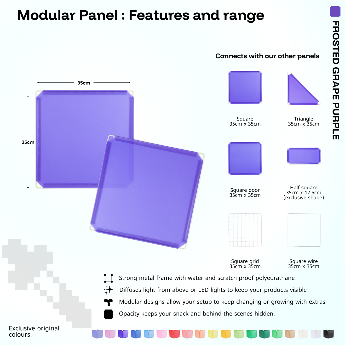 Artistbooths Frosted Grape Purple panel shape range chart with square, triangle, half-square, door, grid and wire panels (35cm)