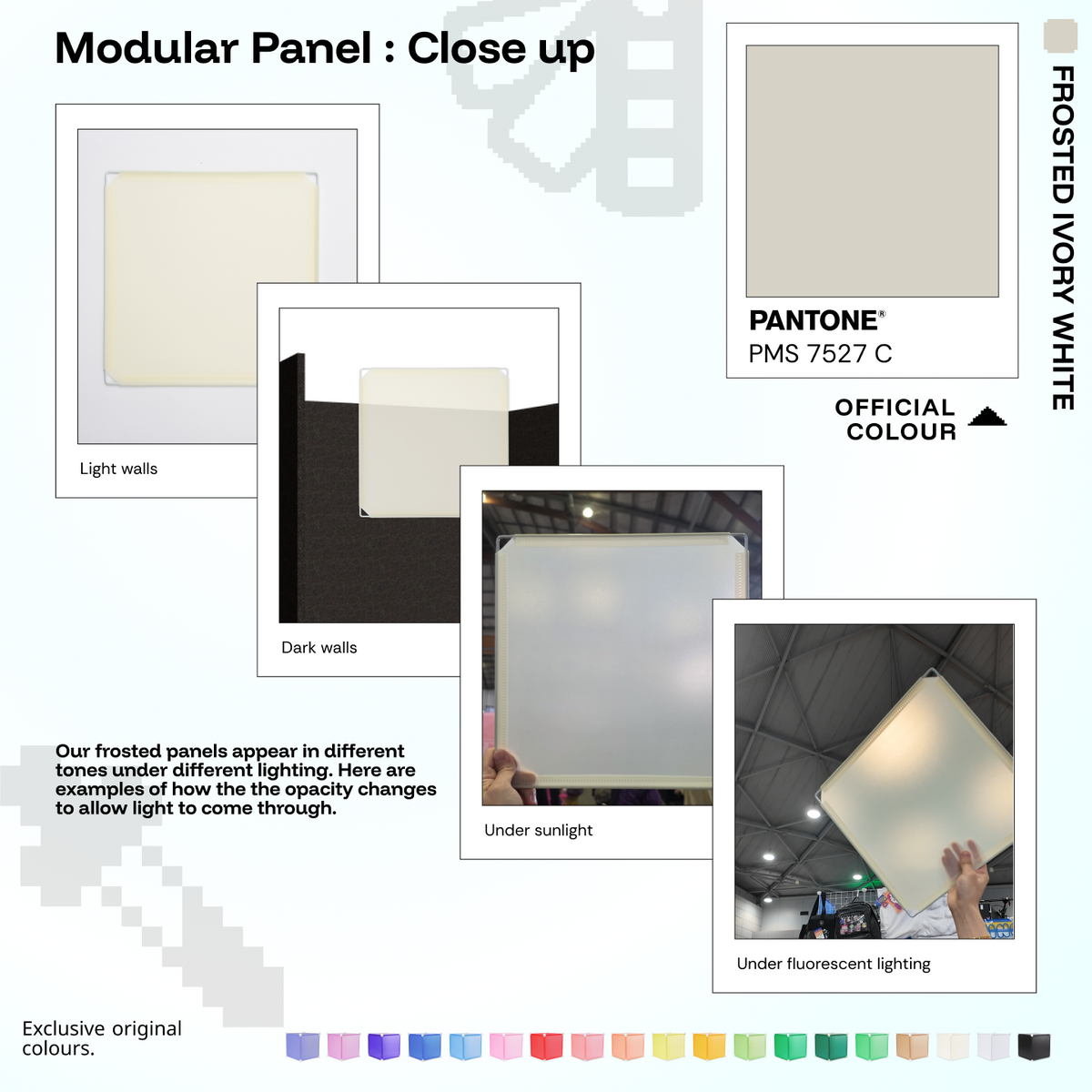 Artistbooths Frosted Ivory White panel close-ups showing frosted opacity under different lighting