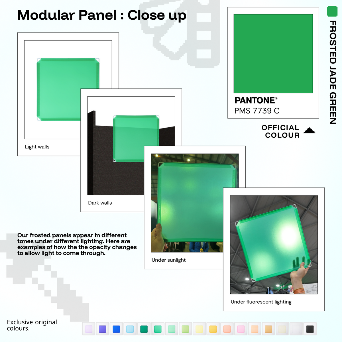Artistbooths Frosted Jade Green panel close-ups showing frosted opacity under different lighting