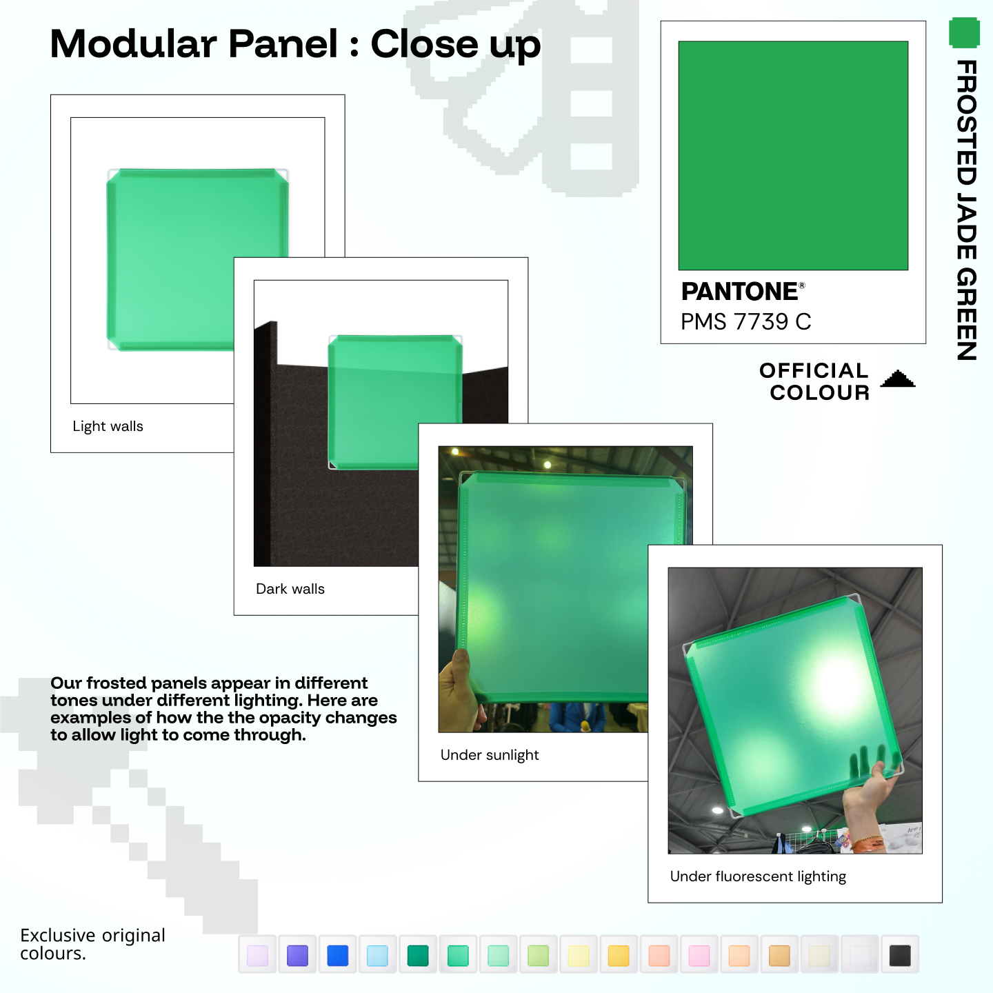 Artistbooths Frosted Jade Green panel close-ups showing frosted opacity under different lighting (Pantone 7739 C)