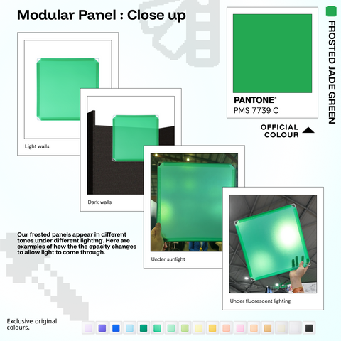 Artistbooths Frosted Jade Green panel close-ups showing frosted opacity under different lighting (Pantone 7739 C)