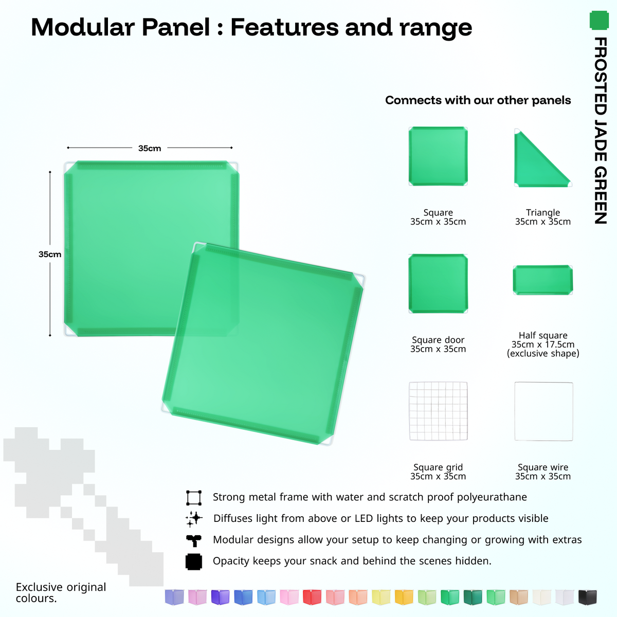 Artistbooths Frosted Jade Green panel shape range chart with square, triangle, half-square, door, grid and wire panels (35cm)