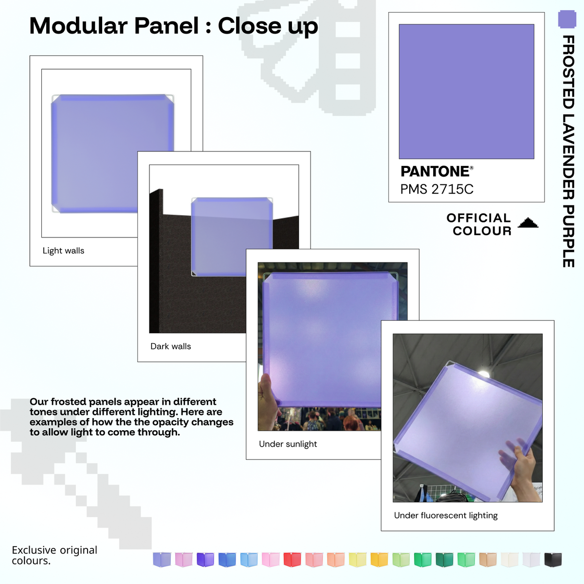 Artistbooths Frosted Lavender Purple panel close-ups showing frosted opacity under different lighting (PMS 2715C)