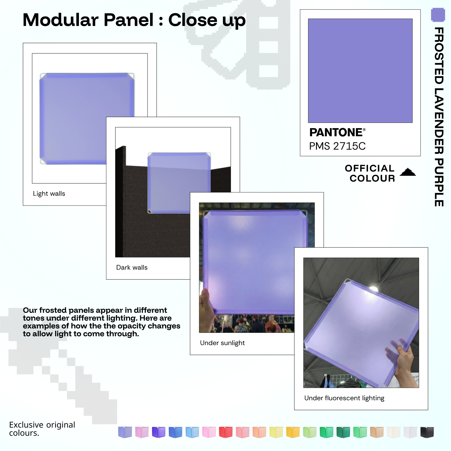 Artistbooths Frosted Lavender Purple panel close-ups showing frosted opacity under different lighting (PMS 2715C)