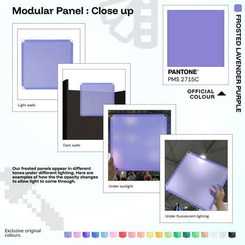 Artistbooths Frosted Lavender Purple panel close-ups showing frosted opacity under different lighting (PMS 2715C)