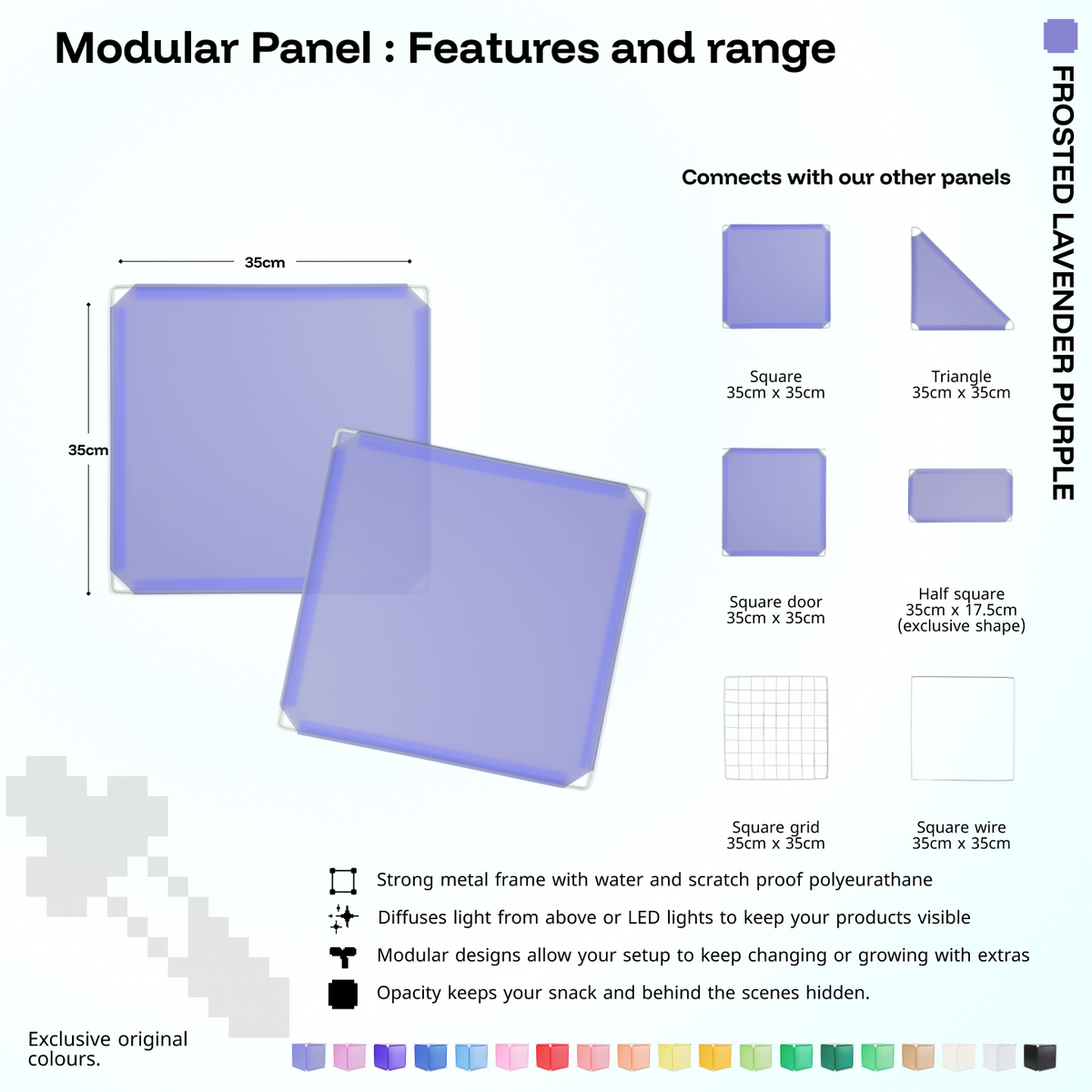 Artistbooths Frosted Lavender Purple panel shape range chart with square, triangle, half-square, door, grid and wire panels (35cm)
