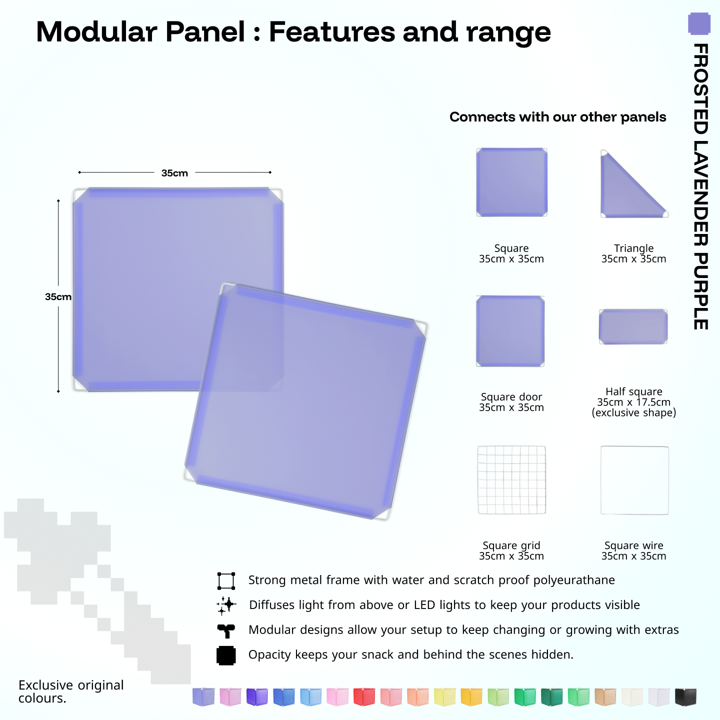 Artistbooths Frosted Lavender Purple panel shape range chart with square, triangle, half-square, door, grid and wire panels (35cm)