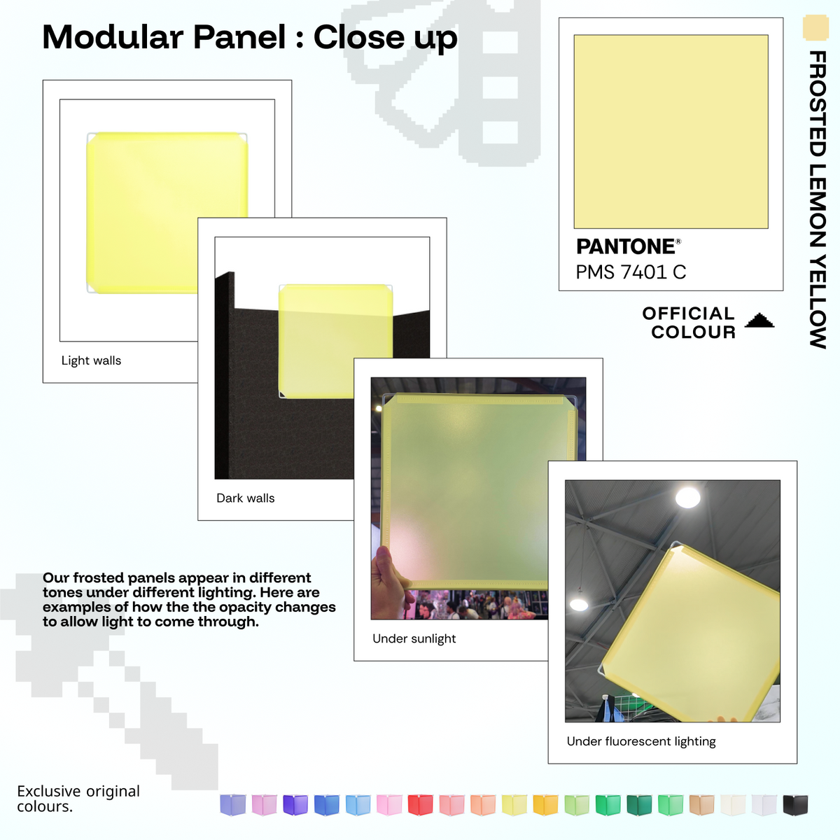 Artistbooths Frosted Yuzu panel close-ups showing frosted opacity under different lighting (PMS 7401 C)