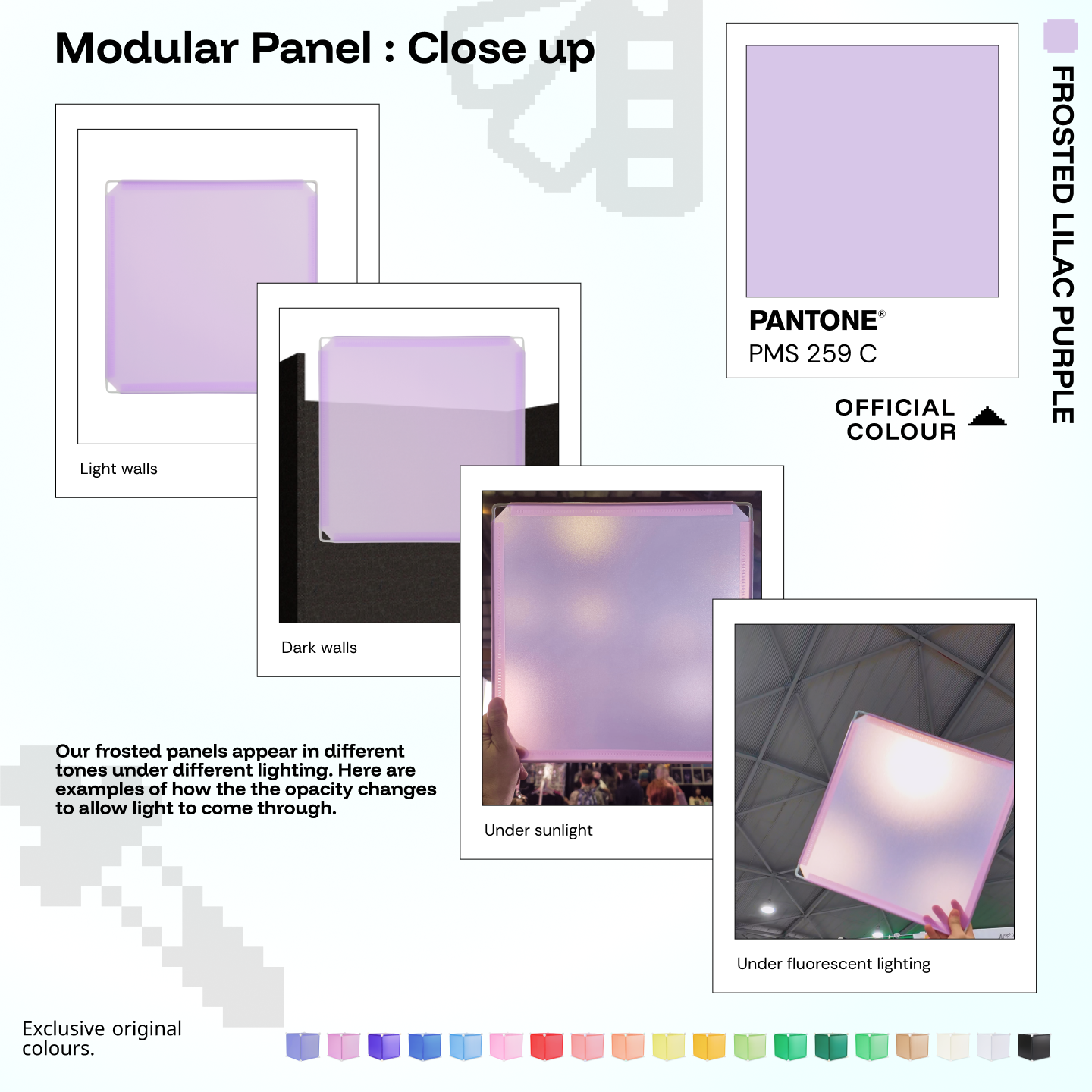 Artistbooths Frosted Lilac Purple panel close-ups showing frosted opacity under different lighting conditions