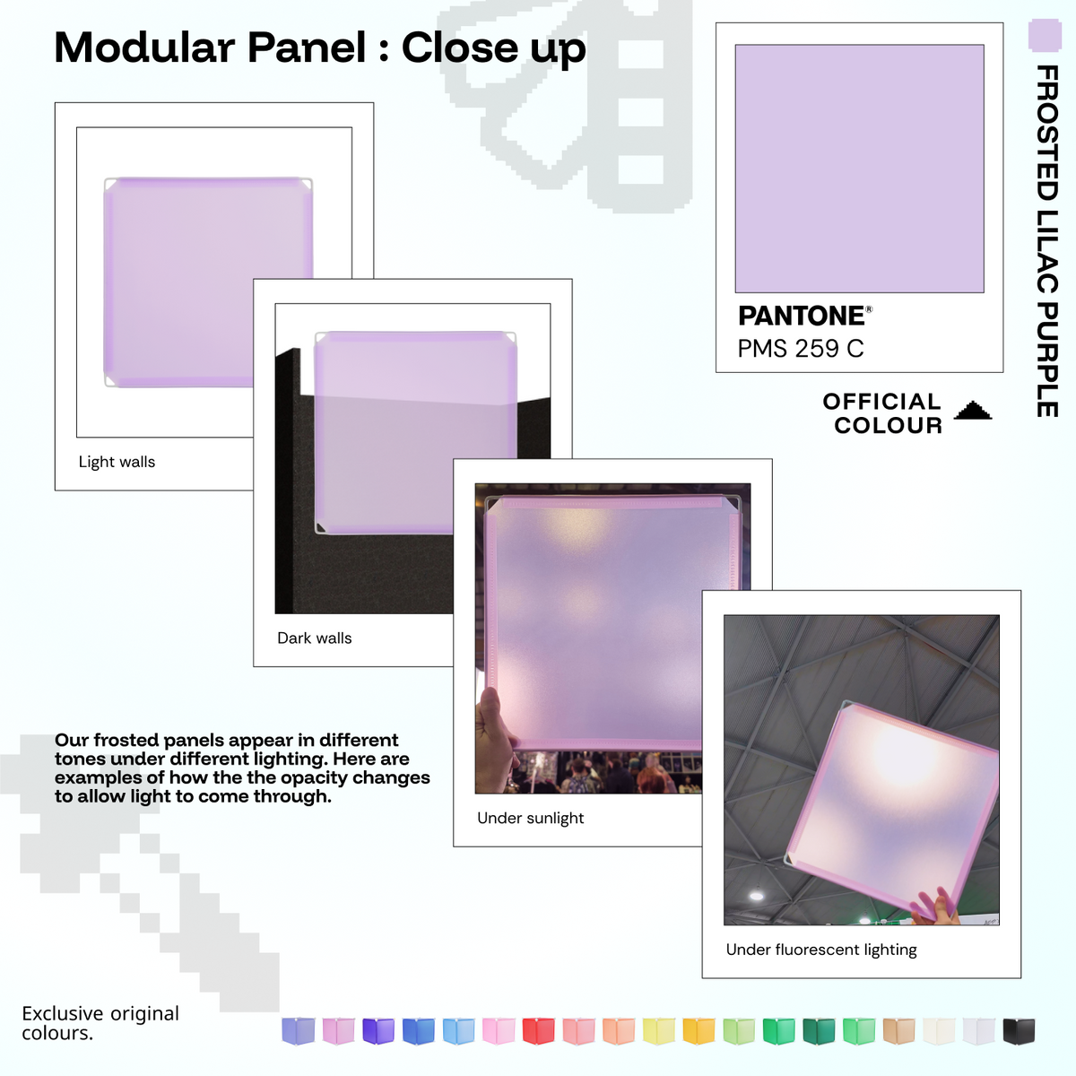 Artistbooths Frosted Lilac Purple panel close-ups showing frosted opacity under different lighting (Pantone 259 C)