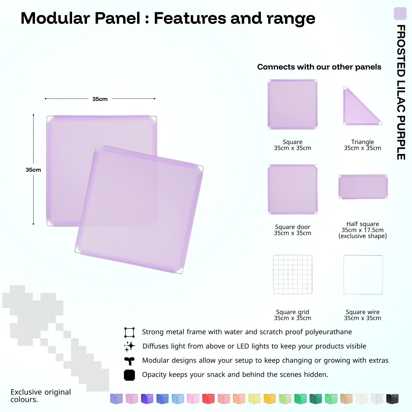 Artistbooths Frosted Lilac Purple panel shape range chart with square, triangle, half-square, door, grid and wire panels (35cm)