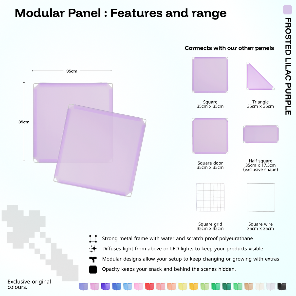 Artistbooths Frosted Lilac Purple panel shape range chart with square, triangle, half-square, door, grid and wire panels (35cm)