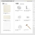 Artistbooths 31-panel modular kit contents in Frosted Ivory White with panels, connectors, clip hooks and hammer