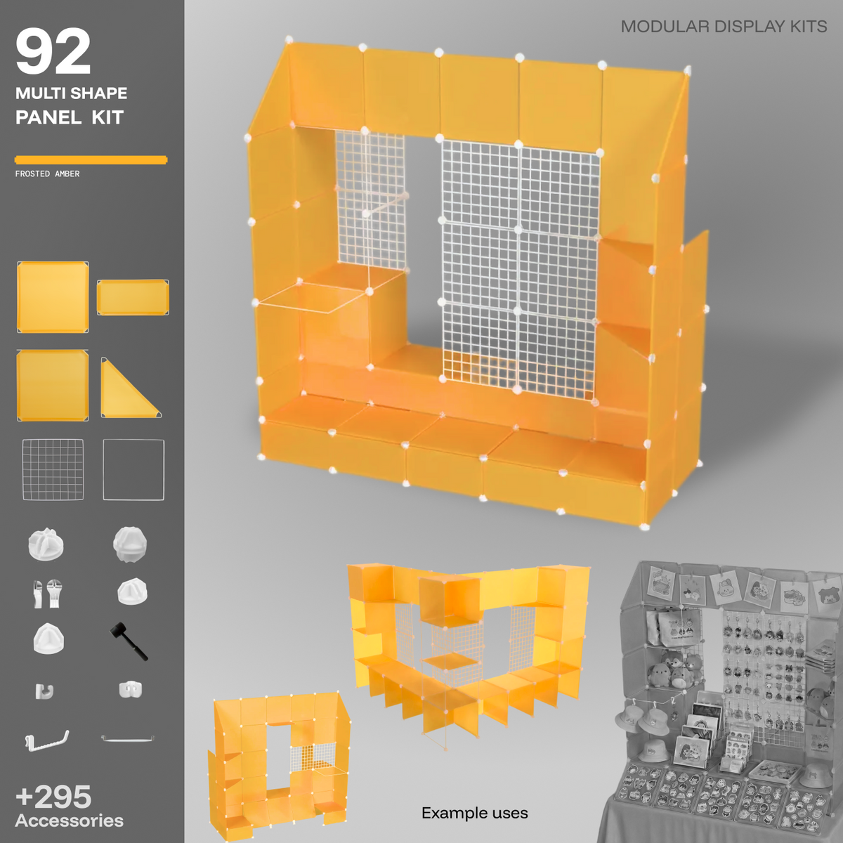 Artistbooths Frosted Amber Yellow 92-panel modular booth assembled, with example display layouts
