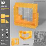 Artistbooths Frosted Amber Yellow 92-panel modular booth assembled, with example display layouts