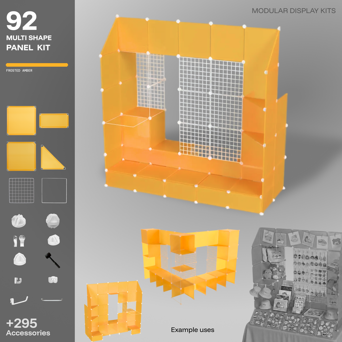 Artistbooths Frosted Amber Yellow 92-panel modular booth assembled, with example display layouts