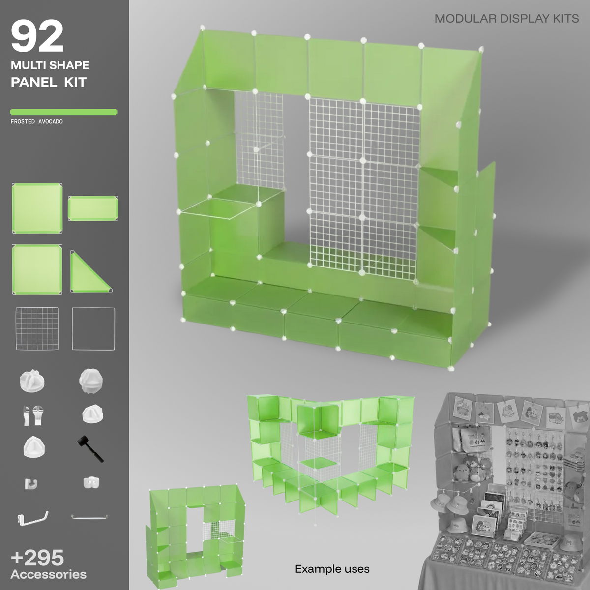 Artistbooths Frosted Avocado Green 92-panel modular booth assembled, with example display layouts