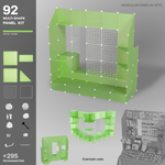 Artistbooths Frosted Avocado Green 92-panel modular booth assembled, with example display layouts