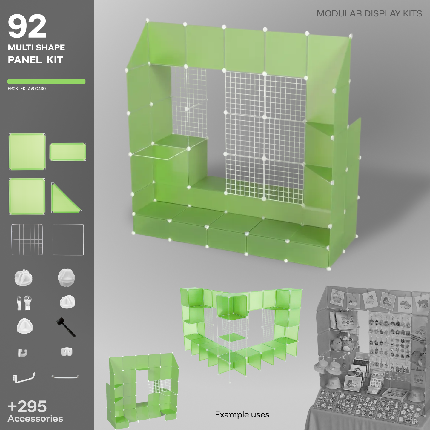 Artistbooths Frosted Avocado Green 92-panel modular booth assembled, with example display layouts
