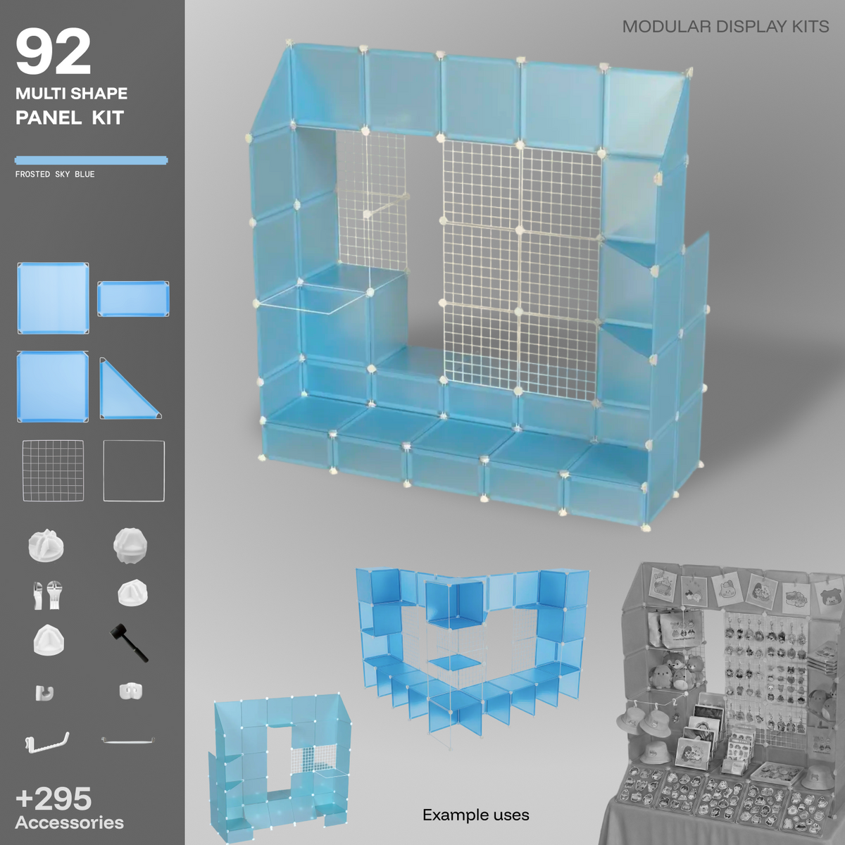 Artistbooths Frosted Blue Sky 92-panel modular booth assembled, with example display layouts