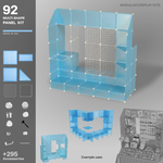 Artistbooths Frosted Blue Sky 92-panel modular booth assembled, with example display layouts