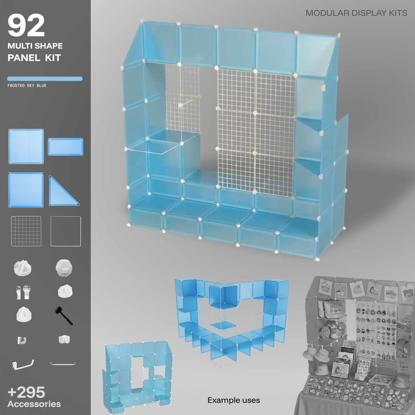 Artistbooths Frosted Blue Sky 92-panel modular booth assembled, with example display layouts