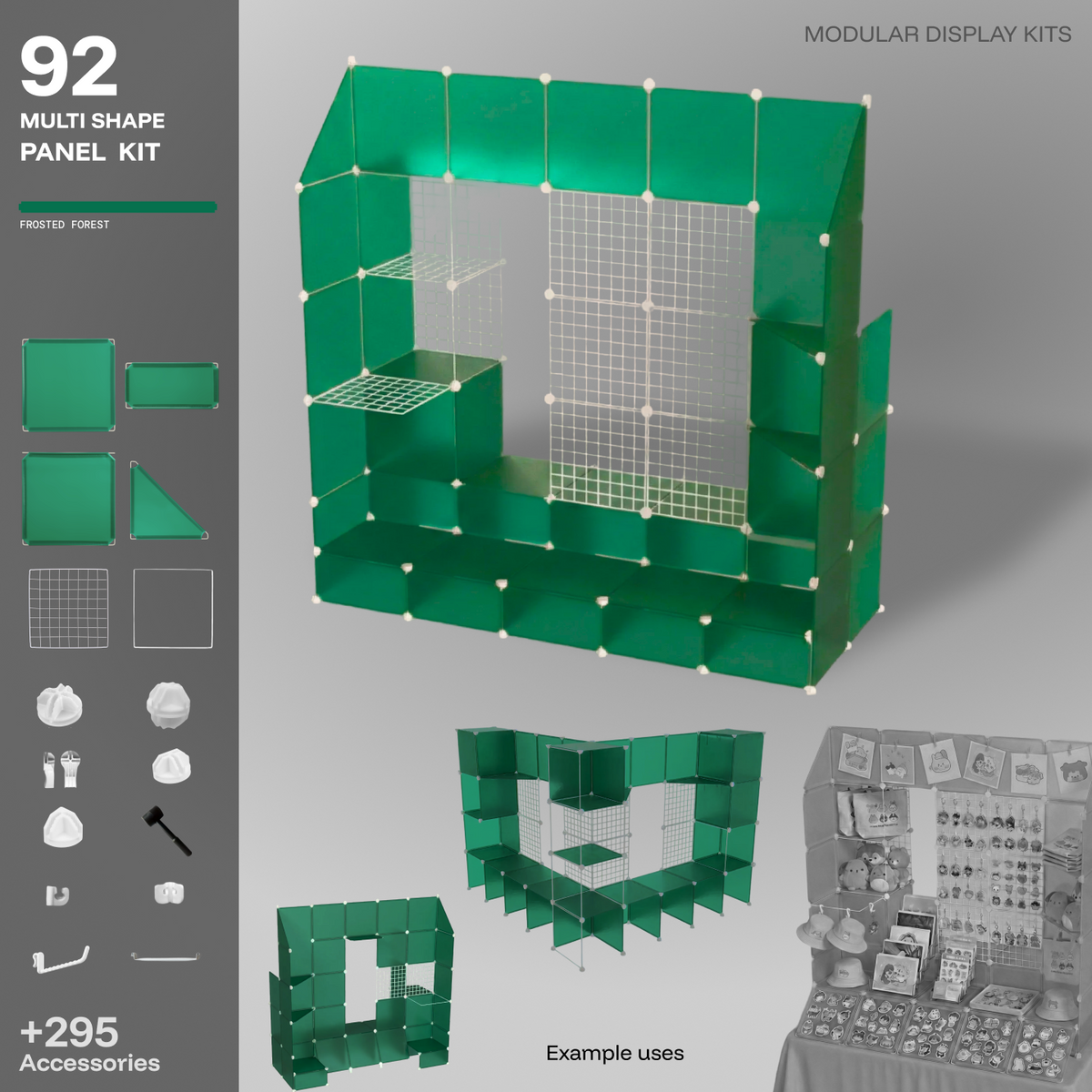 Artistbooths Frosted Forest Green 92-panel modular booth assembled, with example display layouts