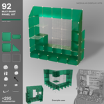 Artistbooths Frosted Forest Green 92-panel modular booth assembled, with example display layouts