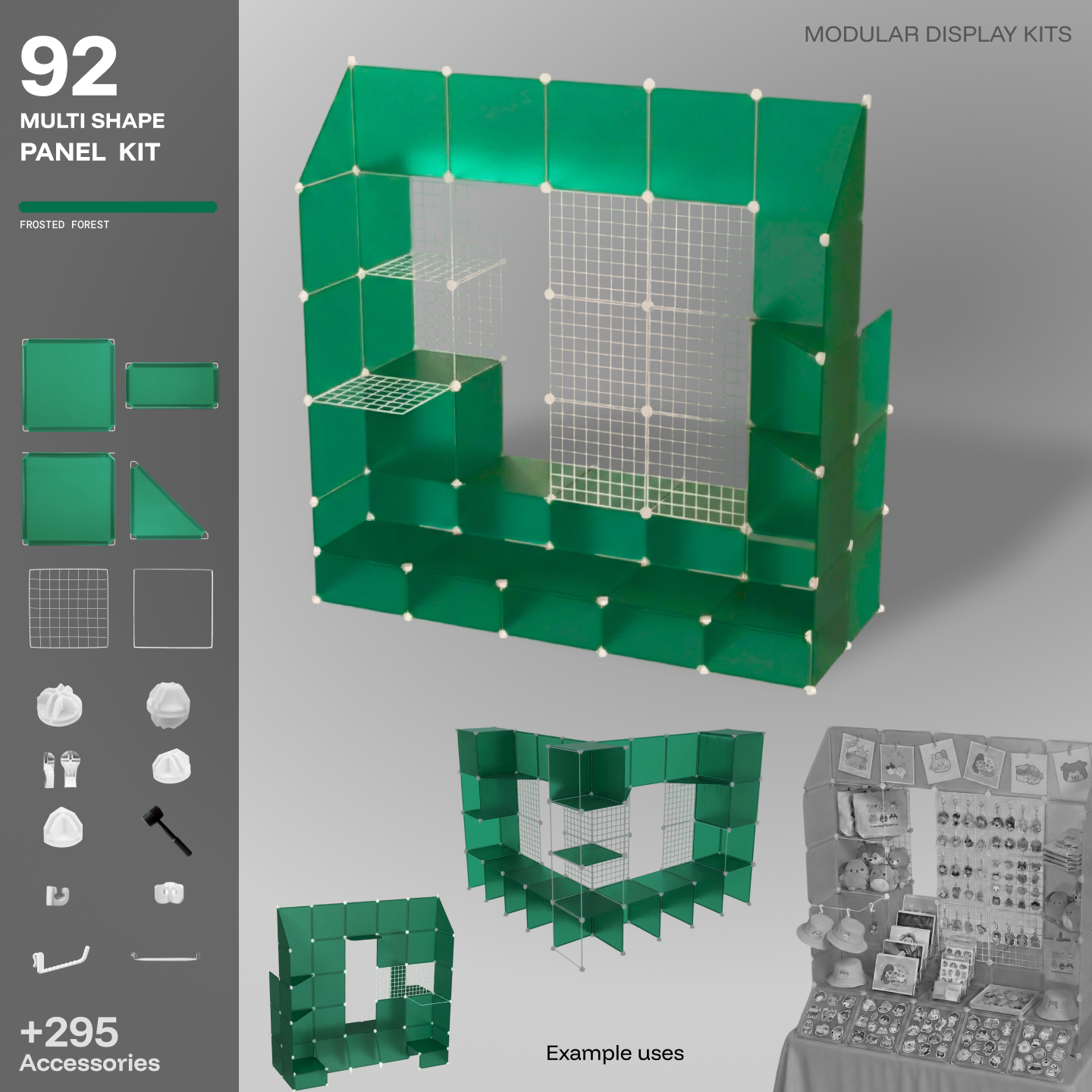 Artistbooths Frosted Forest Green 92-panel modular booth assembled, with example display layouts